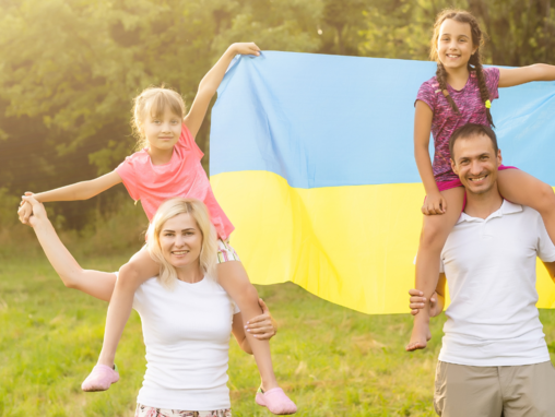 Family with Ukranian flag