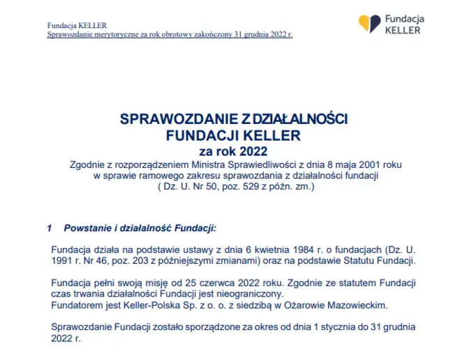 Sprawozdanie z działalności Fundacji KELLER za rok 2022