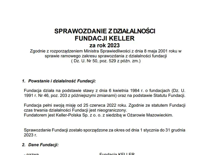 Sprawozdanie z działalności Fundacji Keller 2023