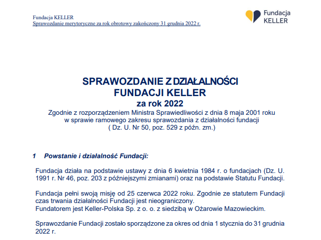 Sprawozdanie z działalności Fundacji KELLER za rok 2022