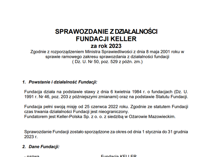 Sprawozdanie z działalności Fundacji Keller 2023